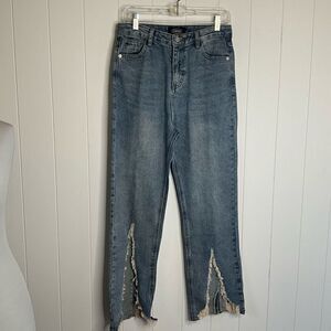 Cider Womens Medium Distressed Denim Jeans Blue Distressed Split Leg Pockets NWT